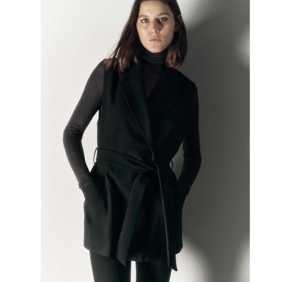 Zara Small Belted Double Breasted Vest Blazer - Black - Picture 6 of 12